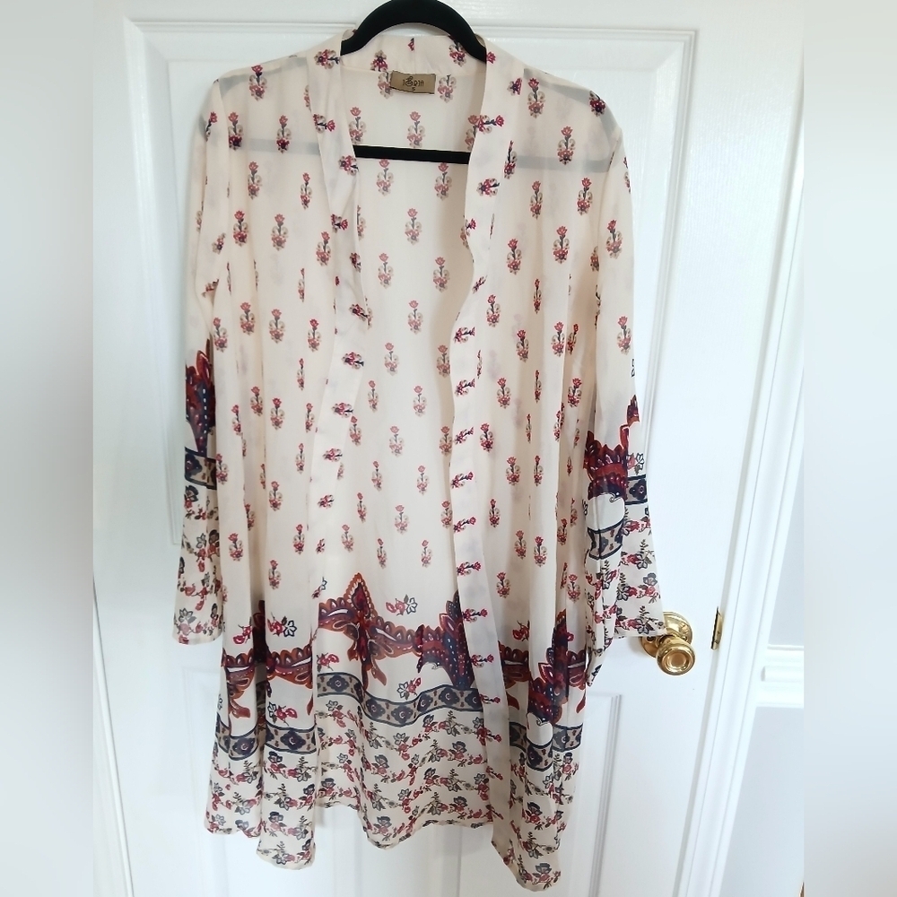 Jorja  Oriental Floral Paisley Open Front Long Sleeve Sheer Kimono Size S